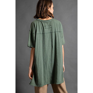 Mineral Washed Short Sleeve Top w/ Side Slit | Brown