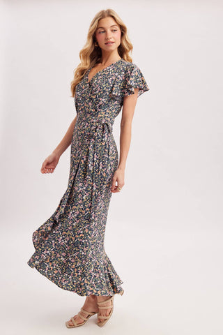 Cassie Floral Print Ruffled Hem Wrap Maxi Dress | Navy