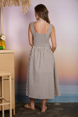 Poppy Plaid Basque Waist Midi Dress | Brown