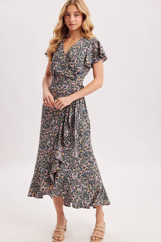Cassie Floral Print Ruffled Hem Wrap Maxi Dress | Navy