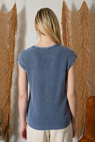 Hillary Henley Sweater Knit Top | Indigo Blue