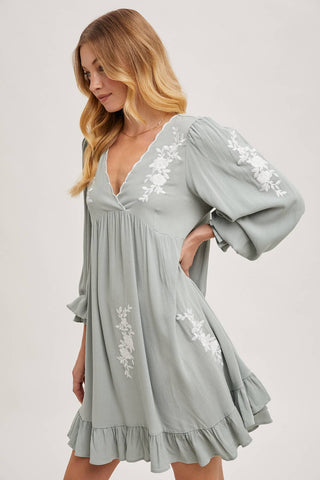 Samantha Embroidered Ruffled Dress | Sage