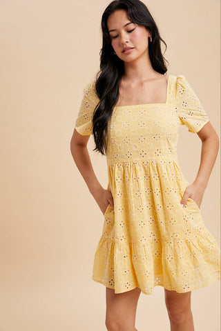 Ellie Eyelet Embroidered Shift Mini Dress | Blue Aura