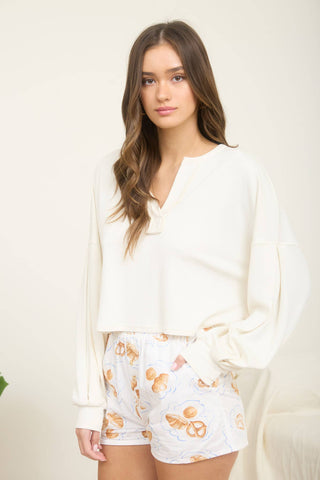 Kara Split Neck Cropped Knit Top | Oatmeal