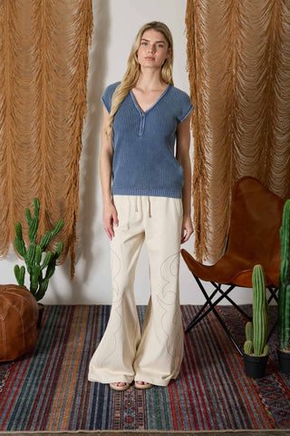 Hillary Henley Sweater Knit Top | Indigo Blue