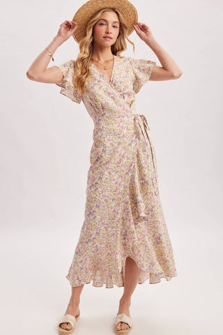 Cassie Floral Print Ruffled Hem Wrap Maxi Dress | Navy