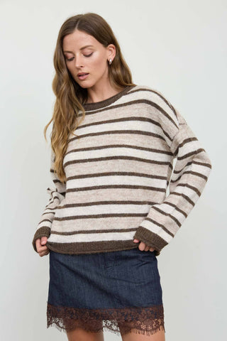 Josie Striped Raw Edge Knit Sweater | Brown