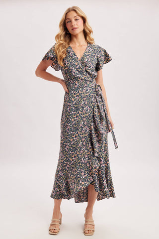 Cassie Floral Print Ruffled Hem Wrap Maxi Dress | Navy