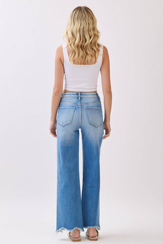 Medium Wash High Rise Stretch Wide Leg Denim w/ Destroyed Hem | Petra153