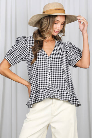Ginger Gingham Puff Sleeve Top | Black