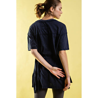 Mineral Washed Short Sleeve Top w/ Side Slit | Brown