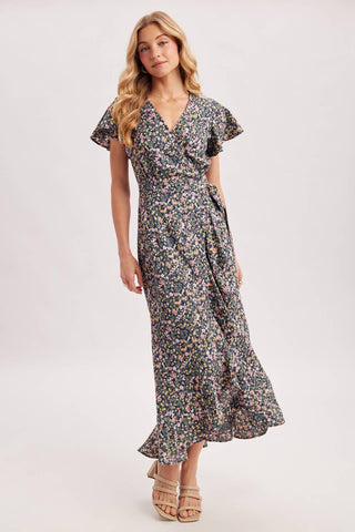 Cassie Floral Print Ruffled Hem Wrap Maxi Dress | Navy