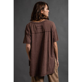 Mineral Washed Short Sleeve Top w/ Side Slit | Brown