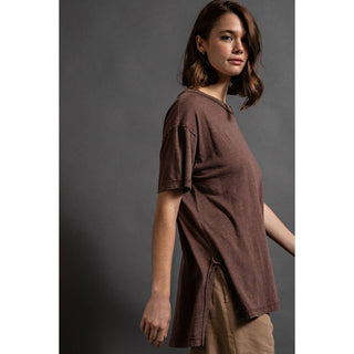 Mineral Washed Short Sleeve Top w/ Side Slit | Brown