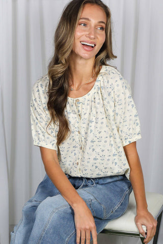 Saylor Floral Print Round Neck Blouse | Blue