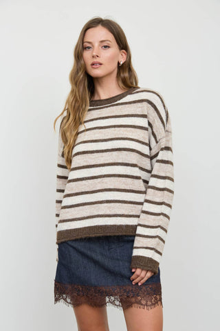 Josie Striped Raw Edge Knit Sweater | Brown