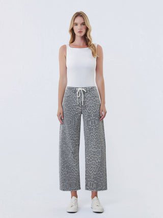 Lenny Grey Leopard High Rise Drawstring Denim