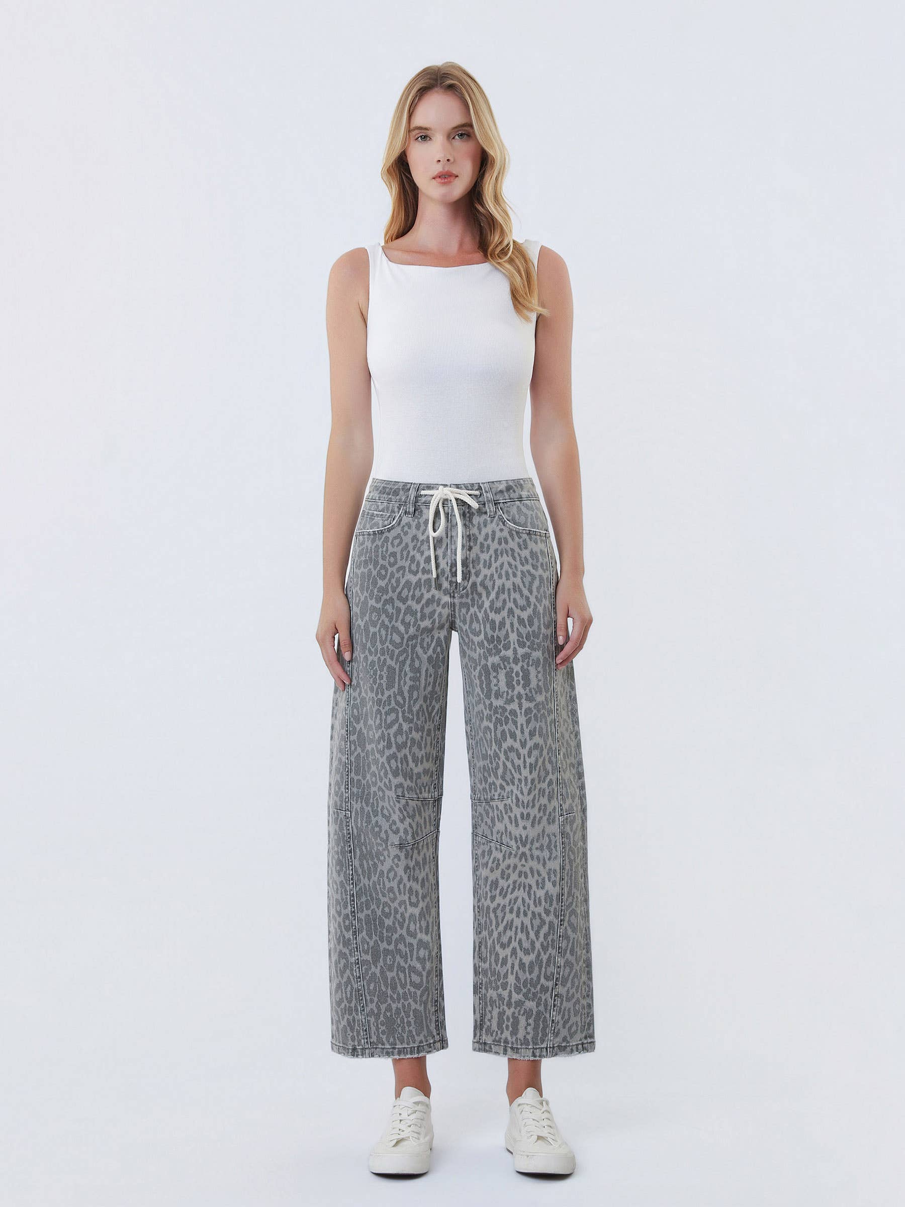 Lenny Grey Leopard High Rise Drawstring Denim
