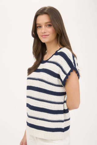 Laurel Stripe Scallop Trim Crochet Sweater | Red