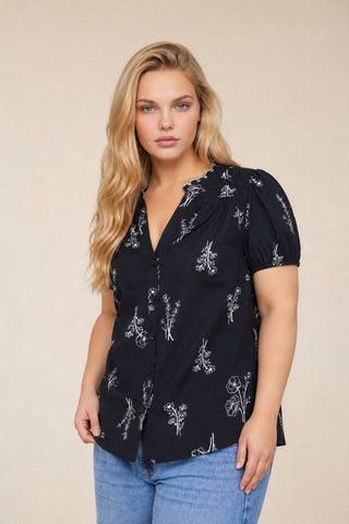 Plus Size Krissy Floral Linen Top | Black