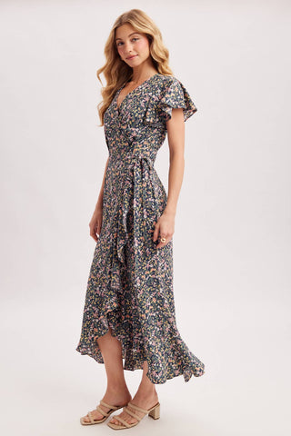 Cassie Floral Print Ruffled Hem Wrap Maxi Dress | Navy