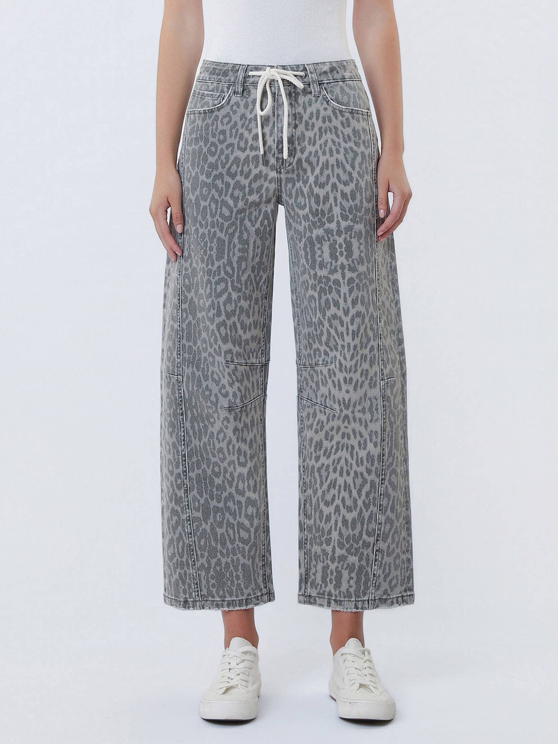 Lenny Grey Leopard High Rise Drawstring Denim