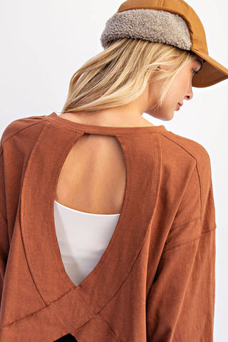 Cotton Slub Open Back Long Sleeve Top | White