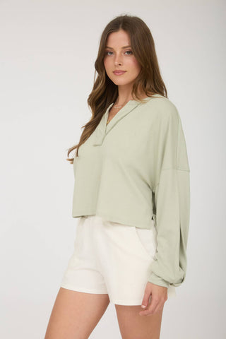 Kara Split Neck Cropped Knit Top | Oatmeal