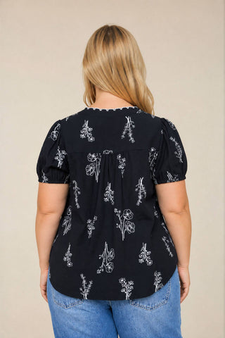 Plus Size Krissy Floral Linen Top | Black