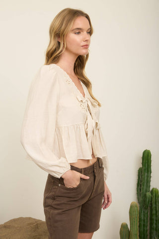Kyla Eyelet Embroidered Tie Top | Light Khaki