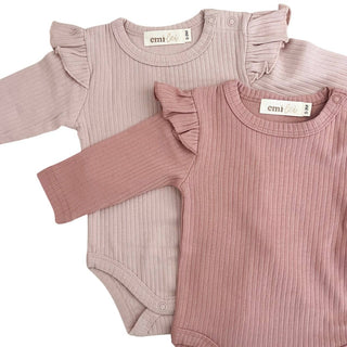 Karsynn Organic Cotton Ribbed Ruffle Romper + Leggings | Rose