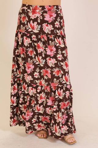 Dilly Plus Size Floral Maxi Skirt | Mocha + Pink