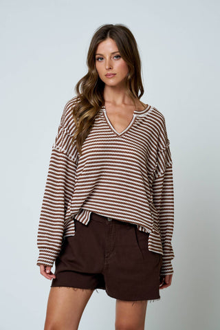 Sherise Split Neck Knit Top | Brown