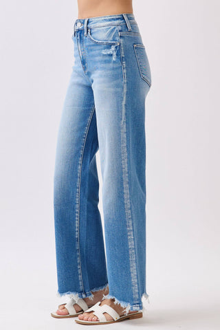 Medium Wash High Rise Stretch Wide Leg Denim w/ Destroyed Hem | Petra153
