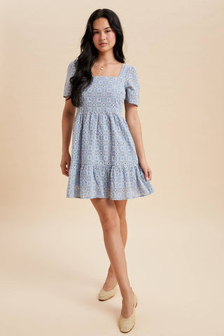 Ellie Eyelet Embroidered Shift Mini Dress | Blue Aura