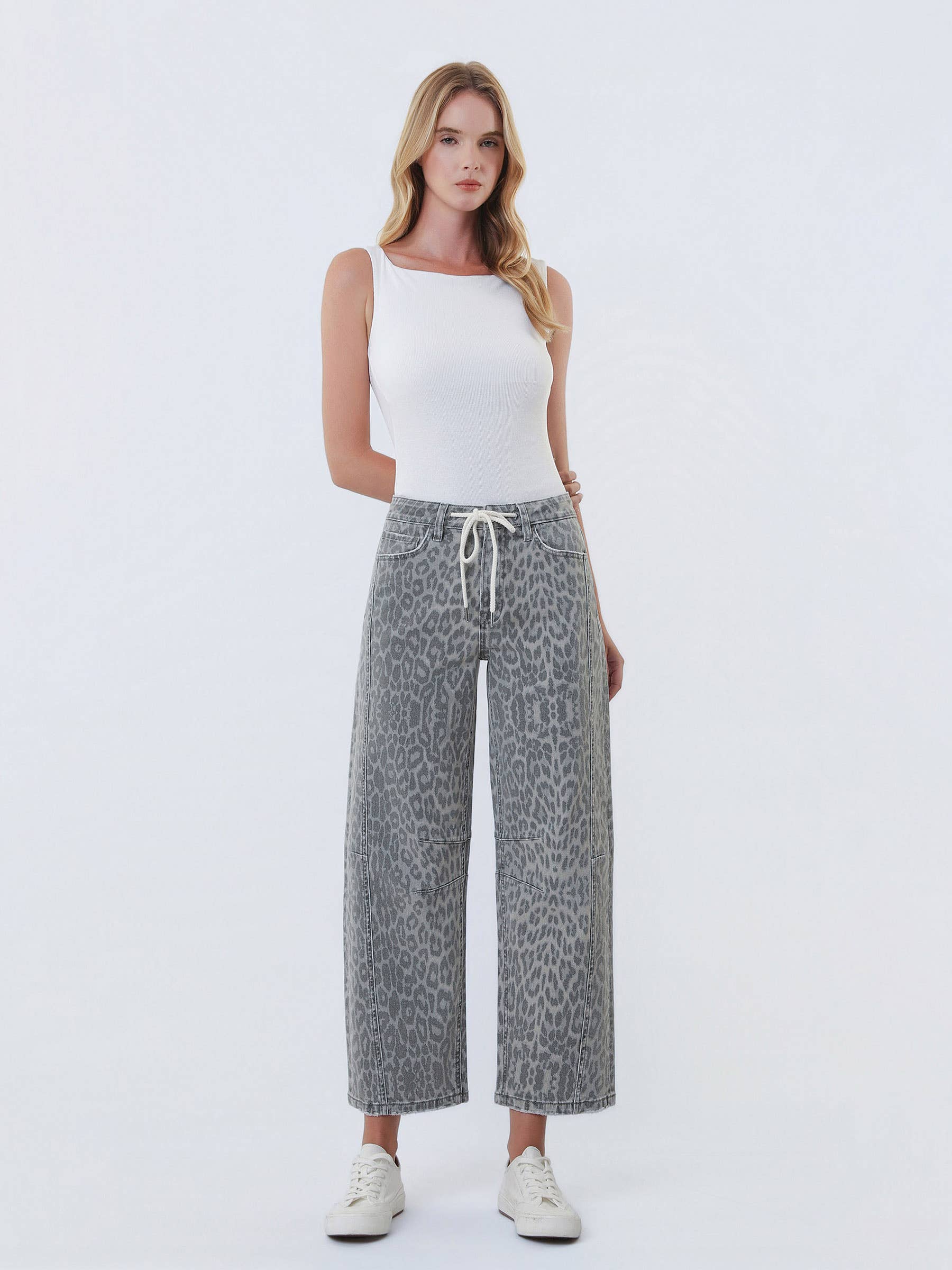 Lenny Grey Leopard High Rise Drawstring Denim