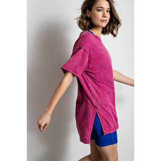Mineral Washed Short Sleeve Top w/ Side Slit | Brown