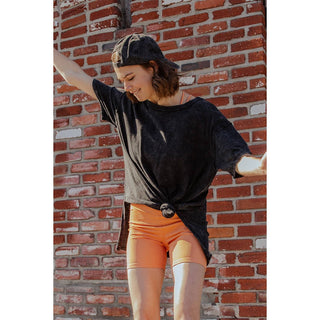 Mineral Washed Short Sleeve Top w/ Side Slit | Brown
