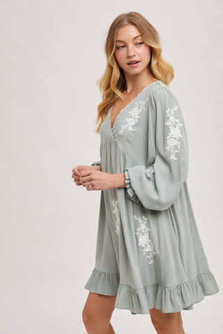 Samantha Embroidered Ruffled Dress | Sage