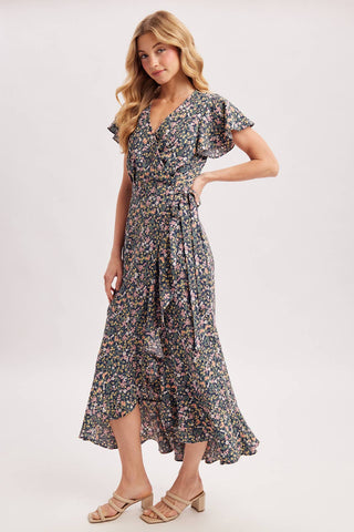 Cassie Floral Print Ruffled Hem Wrap Maxi Dress | Navy