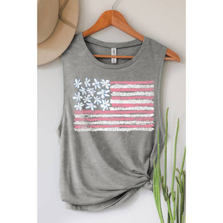 Floral American Flag Mineral Graphic Tank Top | Gray