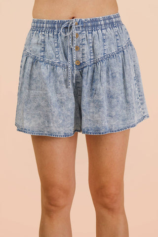 Whitney Washed Chambray Button Down Flare Shorts | Light Indigo