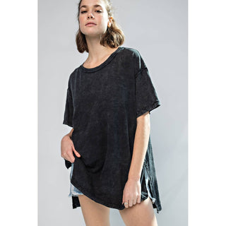 Mineral Washed Short Sleeve Top w/ Side Slit | Brown
