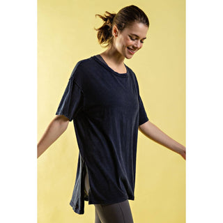 Mineral Washed Short Sleeve Top w/ Side Slit | Brown