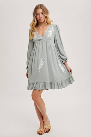Samantha Embroidered Ruffled Dress | Sage