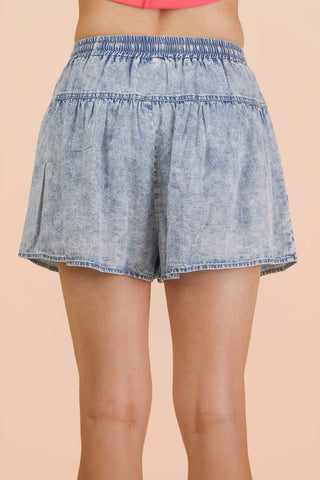 Whitney Washed Chambray Button Down Flare Shorts | Light Indigo