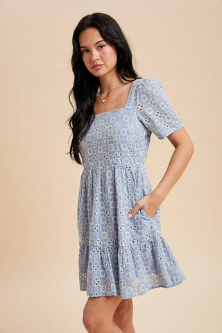 Ellie Eyelet Embroidered Shift Mini Dress | Blue Aura