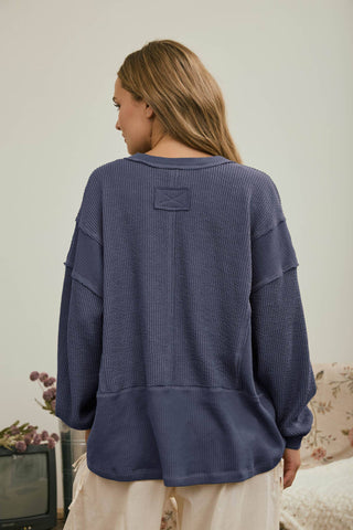 Delilah Split Neck Ribbed Knit Top | Denim Blue