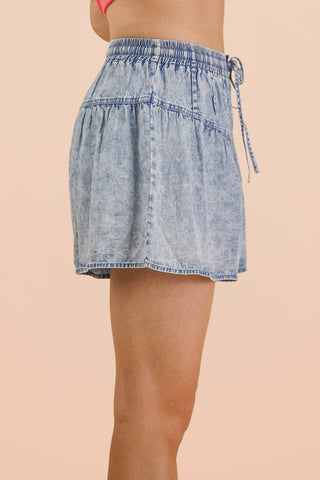Whitney Washed Chambray Button Down Flare Shorts | Light Indigo