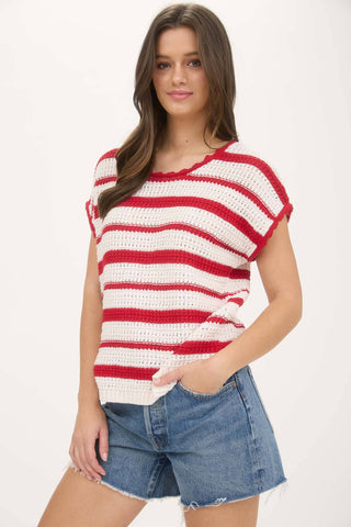 Laurel Stripe Scallop Trim Crochet Sweater | Red